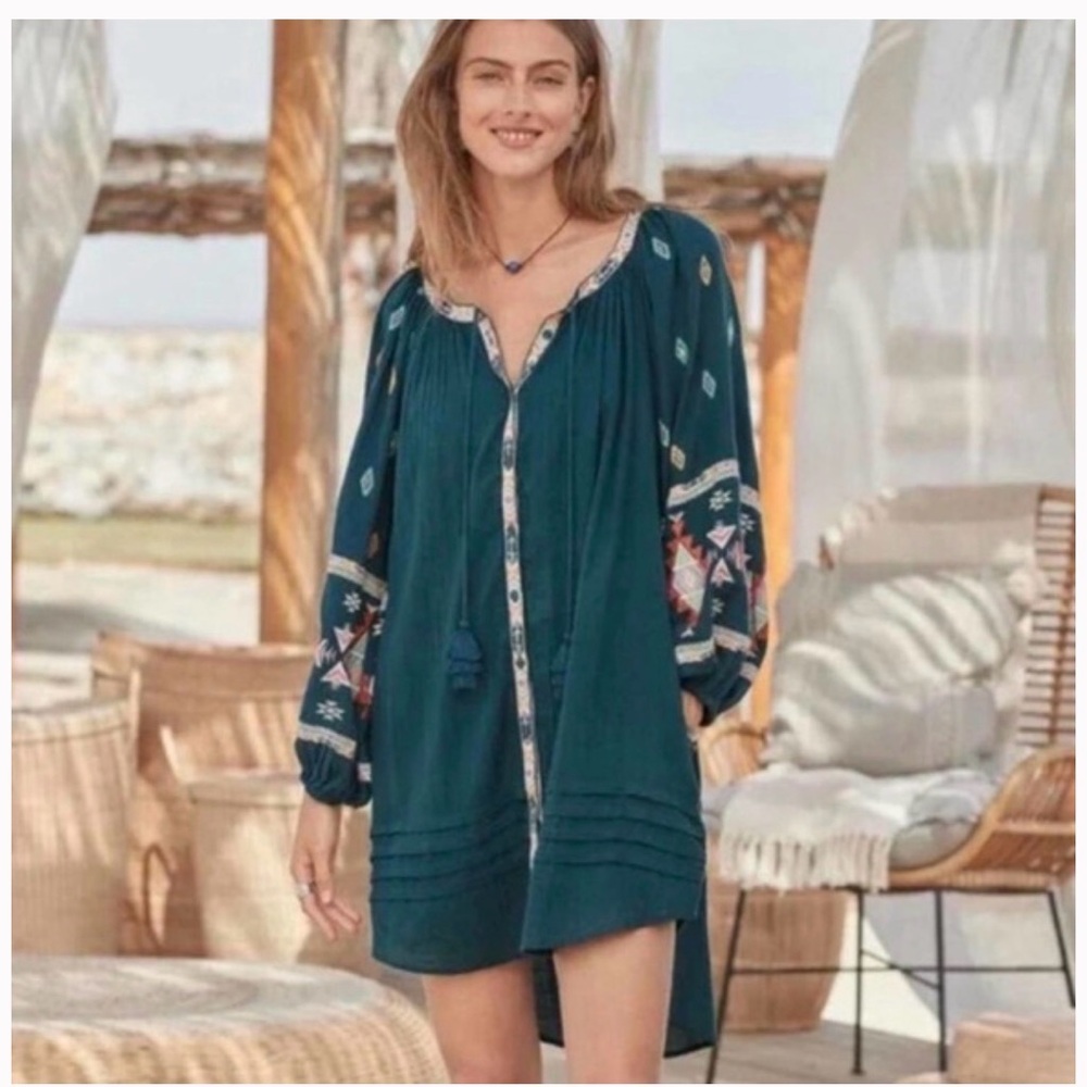 Bohemian Teal Dress with Embroidered Sleeves